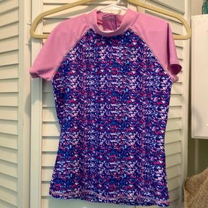 EDDIE BAUER Girls “Swim Shirt” Size Medium(10-12) Purple/Pink Short Sleeve EUC